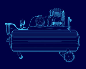 Poster - Blue drawing of a compressor. The compressor is a large, blue object with a white line running through it