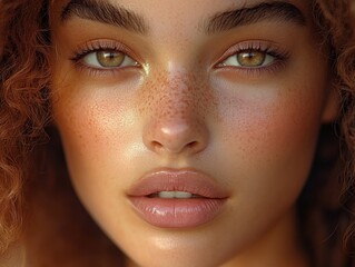 Wall Mural - Close-up of a young woman with curly hair showcasing radiant skin and striking freckles in natural light during a warm afternoon