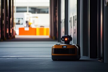 Poster - Robot navigating a modern warehouse corridor during the day for efficient logistics