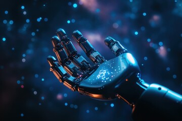 Poster - Robotic hand reaching out amid cosmic backdrop of stars and galaxies