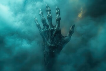 Wall Mural - ethereal skeletal hand emerging from misty darkness pointing upward with dramatic lighting gothic atmosphere deep shadows and ethereal glow