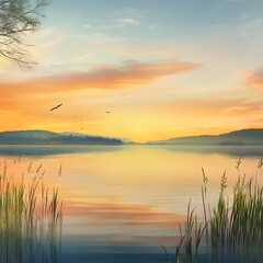 Wall Mural - serene sunset over calm water with lush greenery and birds