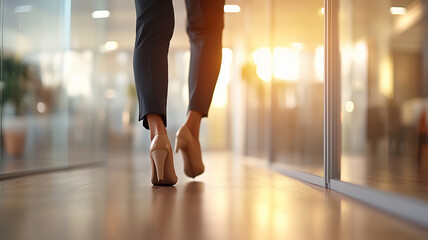 Wall Mural - businesswoman walks confidently in high heels through modern office, showcasing professionalism and determination. warm sunlight enhances atmosphere