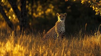 Wall Mural - A Majestic Cheetah Sitting in Golden Grass Under the Warm Evening Light of the Wild
