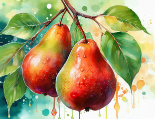 Wall Mural - Watercolor painting of red pears hanging on a branch