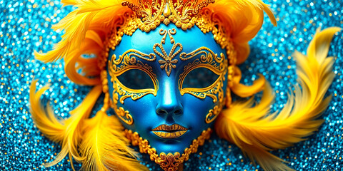 Poster - Blue Venetian mask with gold decorations on a glittery background