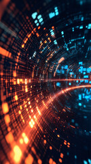 Aufkleber - Digital binary stream flowing through luminescent tunnel, generating vibrant orange-blue data visualization network