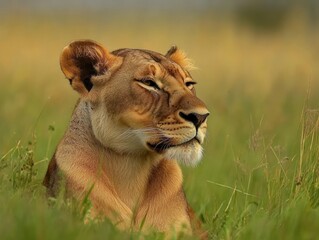 Wall Mural - portrait of a majestic lioness resting peacefully amongst the tall grasses in her natural habitat