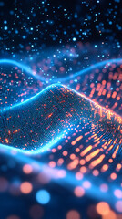Fototapete - Glowing digital particles flowing in dark space, representing blockchain network spreading across technological landscape