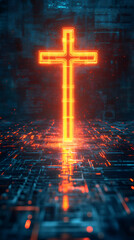 Poster - Orange glowing cross standing on a futuristic circuit board, symbolizing the intersection of faith and technology