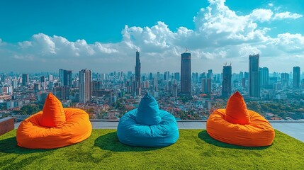 Poster - Young professional working on a rooftop garden with cityscape views and comfortable seating Stock Photo with side copy space