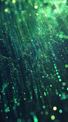 Poster - Green data streams cascading across world map, visualizing global connectivity with luminous bokeh background