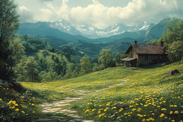 Wall Mural - Stone House Meadow Path Mountain View