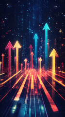 Aufkleber - Vibrant neon arrows ascending against dark backdrop, symbolizing financial growth, economic progress, business momentum