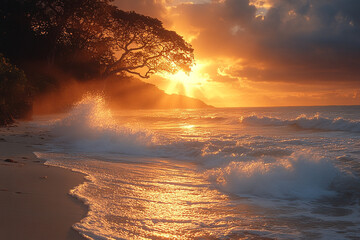 Wall Mural - Golden Sunrise Over Ocean Waves Crashing On Sandy Shore