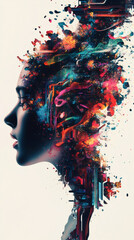 Poster - Artistic portrait of a woman fading into colorful particles and digital circuits, exploring themes of consciousness, technology, and identity