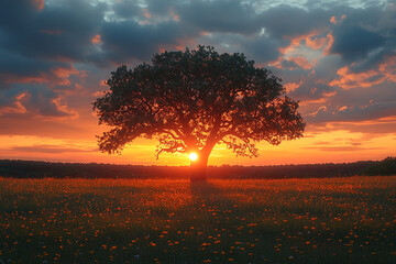 Wall Mural - Sunset Silhouette Of A Tree In A Flower Field