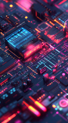 Poster - Complex electronic circuit board with glowing neon lights managing and processing data flow, futuristic technology concept