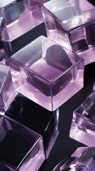 Poster - Purple glass cubes reflecting luminously on dark surface, generating dynamic color interplay with geometric depth and translucent brilliance