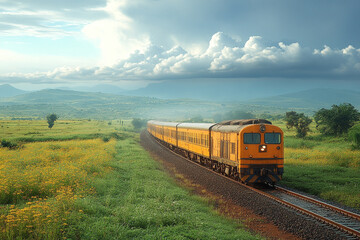 Wall Mural - Yellow Train Journeys Through Scenic Rural Landscape