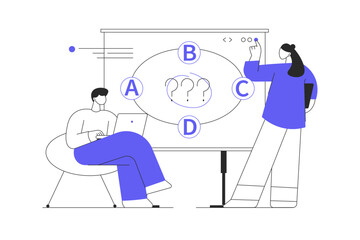 Aufkleber - Strategic planning concept. Man and woman analyze business processes, create new solutions and innovations. A B C. Flat Cartoon Vector Illustration, icon. Stylish abstract 