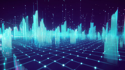 Poster - digital landscape visualization with glowing blue structures and grid