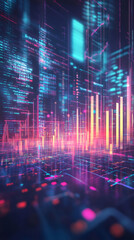 Leinwandbilder - Digital code transforming urban skyline, vibrant lights and bar graphs illustrating technological advancement and creative programming potential