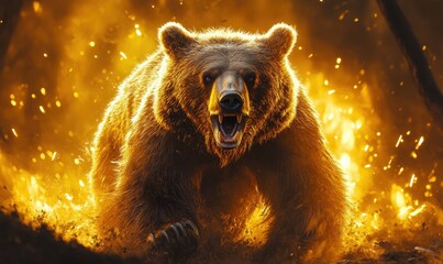 Wall Mural - Grizzly bear emerges from fiery inferno.