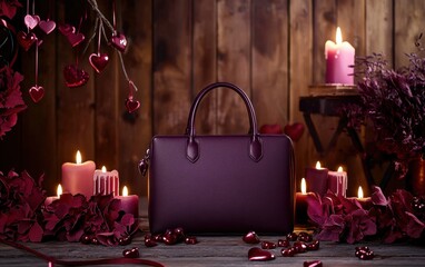 Wall Mural - Modern handbag in deep plum surrounded by romantic candles and heart-shaped decorations