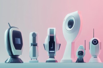 Poster - Various futuristic robots displayed on a clean surface with soft lighting