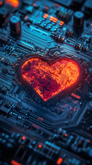 Poster - Red digital heart glowing on circuit board representing love and passion for technology, innovation, and digital world