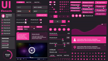 Fototapete - A modern UI kit featuring a collection of buttons, icons, navigation menus, and responsive design elements. Includes login forms, media players, search bars, and calendars, ideal for apps, websites