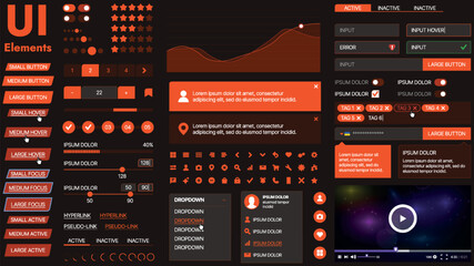 Fototapete - A modern UI kit featuring a collection of buttons, icons, navigation menus, and responsive design elements. Includes login forms, media players, search bars, and calendars, ideal for apps, websites