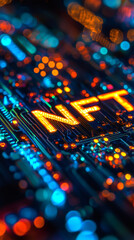 Leinwandbilder - Luminous NFT text glowing on electronic circuit board, representing digital asset ownership within futuristic technological landscape