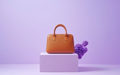 Wall Mural - Sleek handbag in a rich caramel hue, placed on a muted pastel purple backdrop