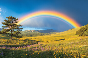 Poster - Majestic Rainbow Arcs Over Mountain Meadow Landscape