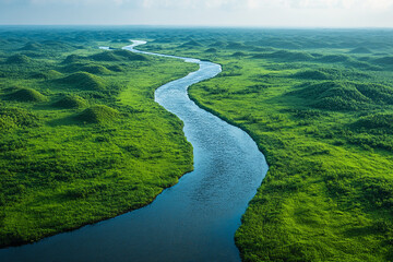 Poster - Aerial View Of Serpentine River Winding Through Lush Green Hills