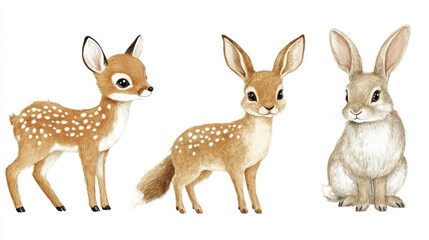 Wall Mural - Cute fawn, bunny, and hare watercolor illustrations.