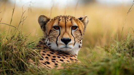 Wall Mural - close-up portrait of a cheetah with spotted fur laying in tall grass and looking directly at the cam
