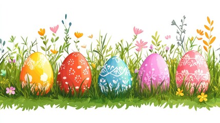 Wall Mural - Colorful Easter eggs in grass with flowers.