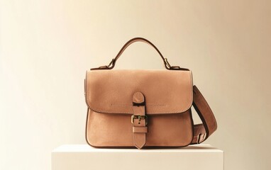 Wall Mural - Stylish satchel bag in a muted earth tone showcased on a fresh white backdrop