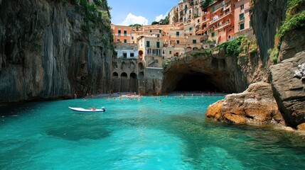 Wall Mural - Idyllic Italian Coastal Scene: Turquoise Waters, Cliffside Buildings and Beach