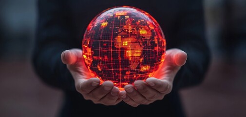 Poster - A glowing, digital globe is held in hands, symbolizing connection, technology, and global awareness in a futuristic setting.