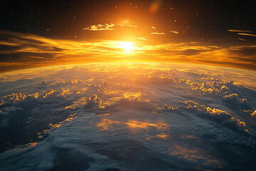 Wall Mural - Golden Sunrise Over Earth Showing Clouds and Atmosphere