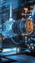 Aufkleber - Holographic projection of a jet engine being designed on a transparent screen in a futuristic industrial environment