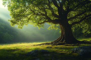 Wall Mural - Majestic ancient tree stands in a sunlit forest clearing