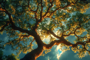 Wall Mural - Majestic Oak Tree Branches Reaching Towards Sky