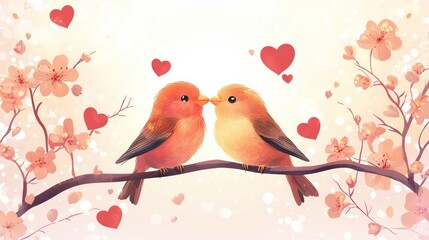 Wall Mural - Two cute birds kissing on a blossoming branch with hearts.