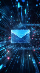 Fototapete - Email marketing and digital communication concept with envelope sending and receiving data through cyberspace light trails