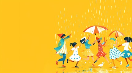 Canvas Print - a group of diverse people are enjoying a rainy day, walking in the rain with umbrellas.